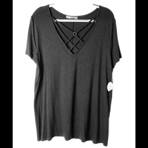 NWT Black Deep V-Neck Top Tee Shirt Criss Cross XL